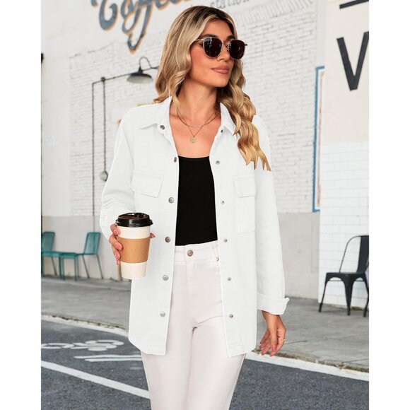 Women's Cotton Denim Jacket Oversized Button-Front Pockets Casual Fall - Picture 5 of 8